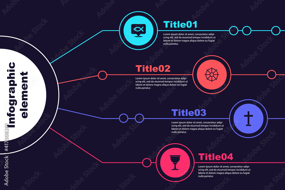 Sticker Set Christian fish, Dharma wheel, cross and Holy grail or chalice. Business infographic template. Vector.