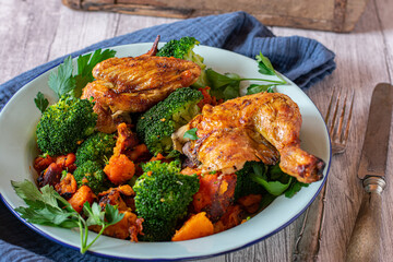 Chicken meal with roasted sweet potatoes and broccoli