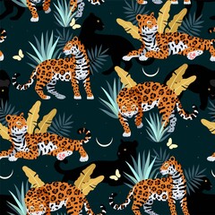 Seamless vector pattern with cute jaguar and palms © olga_igorevna