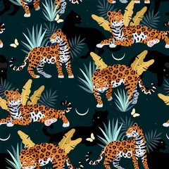 Foto op Plexiglas Seamless vector pattern with cute jaguar and palms © olga_igorevna