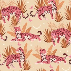 Seamless vector pattern with cute pink jaguar © olga_igorevna