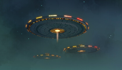 Three flying saucers or UFOs with bright lights hanging in the night sky. 3D render / rendering