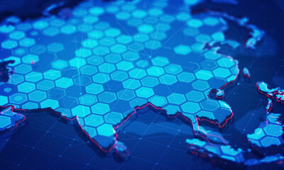 Digital hexagons in Asia Map.