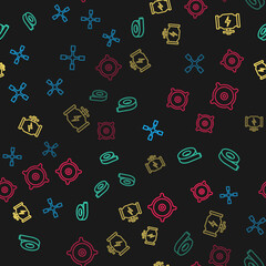 Set line Wheel wrench, Scotch tape, Check engine and Car audio speaker on seamless pattern. Vector.