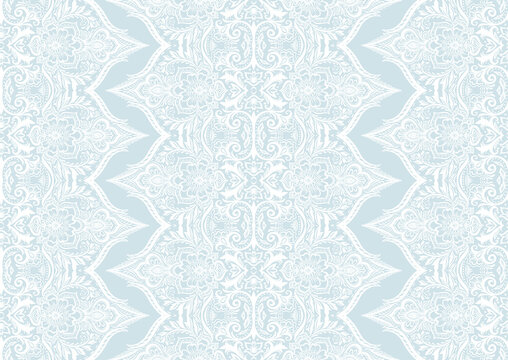 Tradition floral seamless pattern, damask vintage ornament. Royal victorian flourish wallpapper, luxury textile. Vector illustration. In blue and white colors.