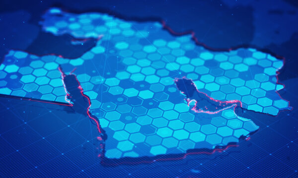 Digital Hexagons In Middle East Map.