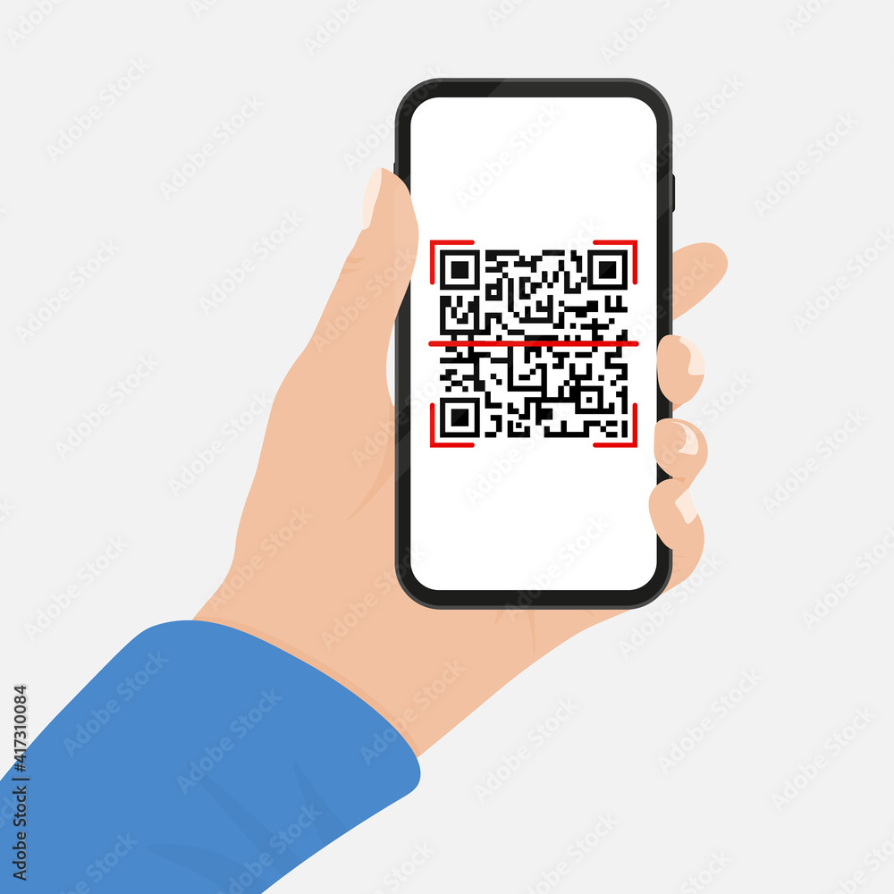 Poster hand holds phone with qr code on screen. scanning code by phone. qr label sticker. vector illustrati