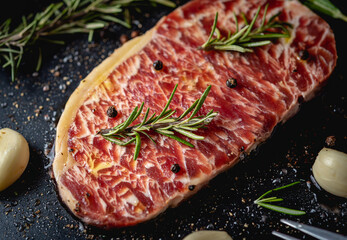 Raw fresh beef steak with olive oil, Colorful pepper, garlic and the rosemary leaf fresh on in the black tray on the wooden table, Top view.