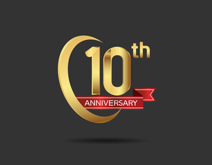 10 years anniversary logo style with swoosh ring golden color and red ribbon isolated on black background for company celebration