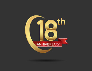 18 years anniversary logo style with swoosh ring golden color and red ribbon isolated on black background for company celebration