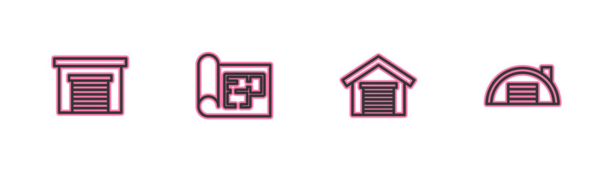 Set line Garage, , House plan and Warehouse icon. Vector.