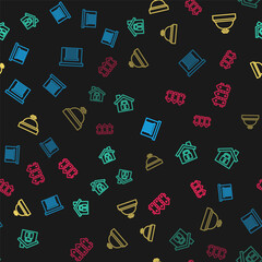 Set line Garage, House under protection, Hotel service bell and Garden fence wooden on seamless pattern. Vector.