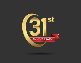 31 years anniversary logo style with swoosh ring golden color and red ribbon isolated on black background for company celebration