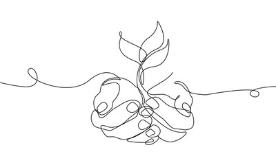Baum mit Blättern in Händen Schwarze Skizze, Isolated on White Background. Ökologie-Symbol für modernes Design. Hände mit Plant One Line Illustration. Minimalistische botanische Zeichnung. Vektor-EPS 10.