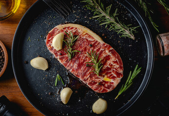 Raw fresh beef steak with olive oil, Colorful pepper, garlic and the rosemary leaf fresh on in the black tray on the wooden table, Top view.