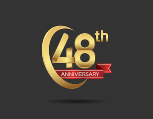 48 years anniversary logo style with swoosh ring golden color and red ribbon isolated on black background for company celebration