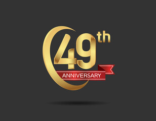49 years anniversary logo style with swoosh ring golden color and red ribbon isolated on black background for company celebration