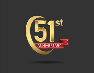51 years anniversary logo style with swoosh ring golden color and red ribbon isolated on black background for company celebration