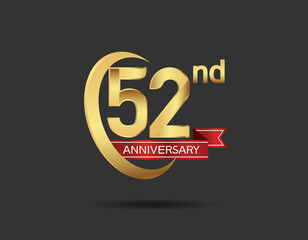 52 years anniversary logo style with swoosh ring golden color and red ribbon isolated on black background for company celebration