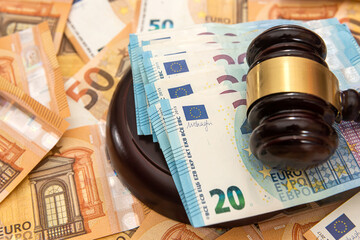 judge hammer gavel on 50 Euro banknotes