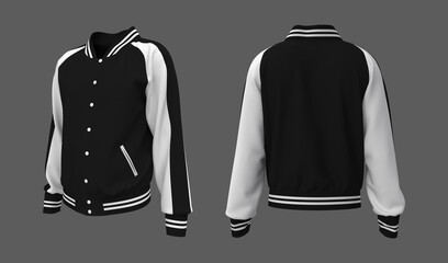 Sukajan baseball Jacket mockup in front, side and back views. 3d illustration, 3d rendering