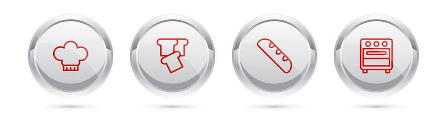 Set line Chef hat, Bread toast, French baguette bread and Oven. Silver circle button. Vector.