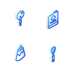 Set Isometric line Cookbook, Lollipop, Pudding custard and Kitchen whisk icon. Vector.