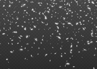 Falling silver confetti, shiny tinsel, and pieces of serpentine, abstract party background. Christmas decoration isolated on dark transparent backdrop. Realistic vector illustration.