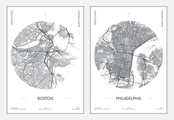 Travel poster, urban street plan city map Boston and Philadelphia, vector illustration