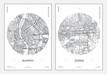 Travel poster, urban street plan city map Budapest and Zagreb, vector illustration