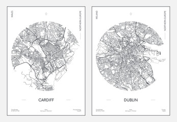 Travel poster, urban street plan city map Cardiff and Dublin, vector illustration - obrazy, fototapety, plakaty