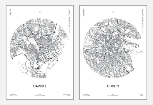 Travel poster, urban street plan city map Cardiff and Dublin, vector illustration