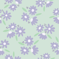 Seamless pattern of white and lilac daisy, with green leaves and dots with a minimal contemporary style and green background