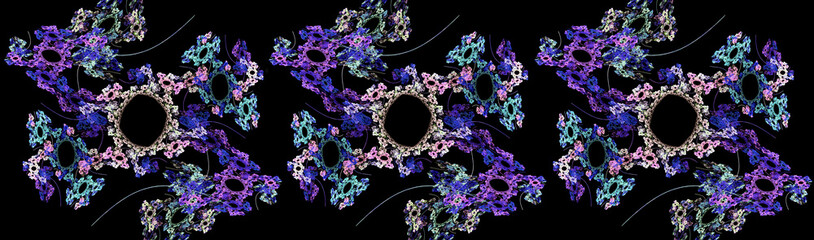 Repeating floral lace on a black background. Flower wreaths are connected to each other. Abstract fractal background. 3d rendering. 3d illustration.