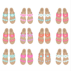 vector set of twelve pairs of beach flip flops in mint and pink tones