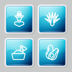 Set line Mexican man sombrero, Agave, Nachos in bowl and Avocado fruit icon. Vector.
