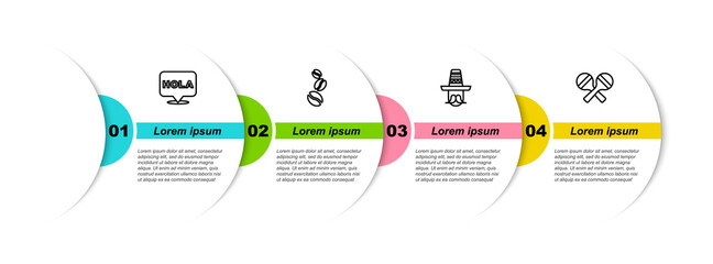 Set line Hola, Coffee beans, Mexican man sombrero and Maracas. Business infographic template. Vector. © vector_v
