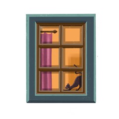 Cat sitting on the window. High illustration