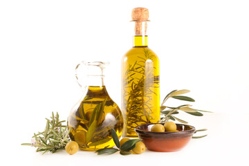 olive oil and leaf isolated on white background