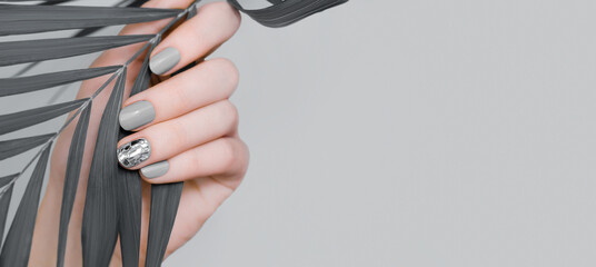Main féminine avec un design d& 39 ongle gris. Manucure de vernis à ongles gris et nail art en argent pailleté. Feuille tropicale de prise de main femelle
