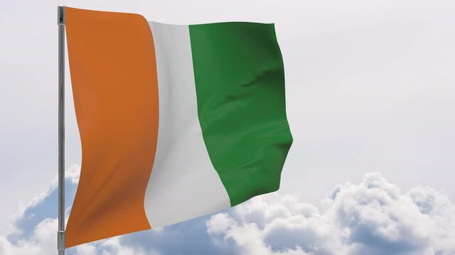 Cote d'ivoire - Ivory Coast flag on pole with sky background seamless loop 3d animation