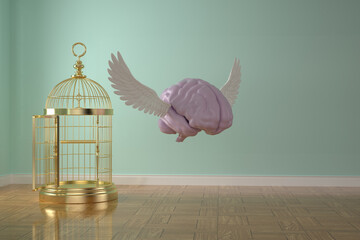 Big golden birdcage in the room, 3D rendering. 3D illustration.
