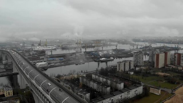 Panorama view on industrial grey foggy cityscape