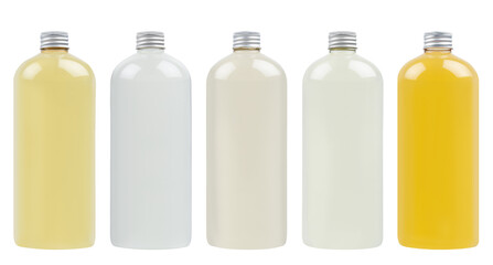 Assortment of plastic tall bottles with fresh drink of different pastel pale colors or cosmetic essential oil, silver cap mockup, isolated, template.