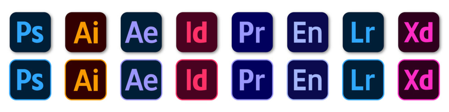 Adobe Products Icon Set: Illustrator, Photoshop, InDesign, Premiere Pro, After Effects, Acrobat DC, Lightroom, Dreamweaver ... Vector icons for your website design. Stock illustration EPS 10
