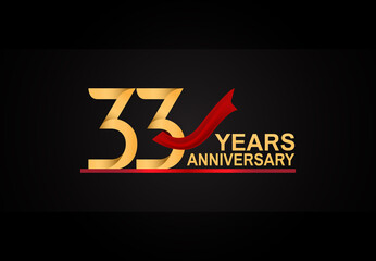 33 years anniversary design with red ribbon and golden color isolated on black background for celebration moment