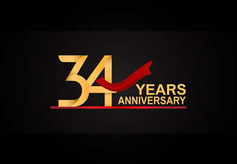 34 years anniversary design with red ribbon and golden color isolated on black background for celebration moment