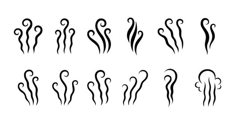 Set of black wavy icons smells, steam, smoke and fog. Jets of air, waves of evaporation and the stench of aromas. Isolated silhouettes of vapor on a white background