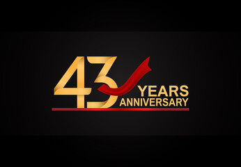 43 years anniversary design with red ribbon and golden color isolated on black background for celebration moment