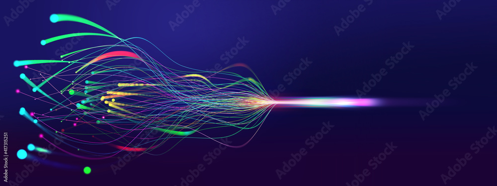 Poster Data flow, informational infinity. Digital footprint, data collection, Big Data. Soul, mind and artificial intelligence. 3D illustration of intertwining streams of a coded neural network